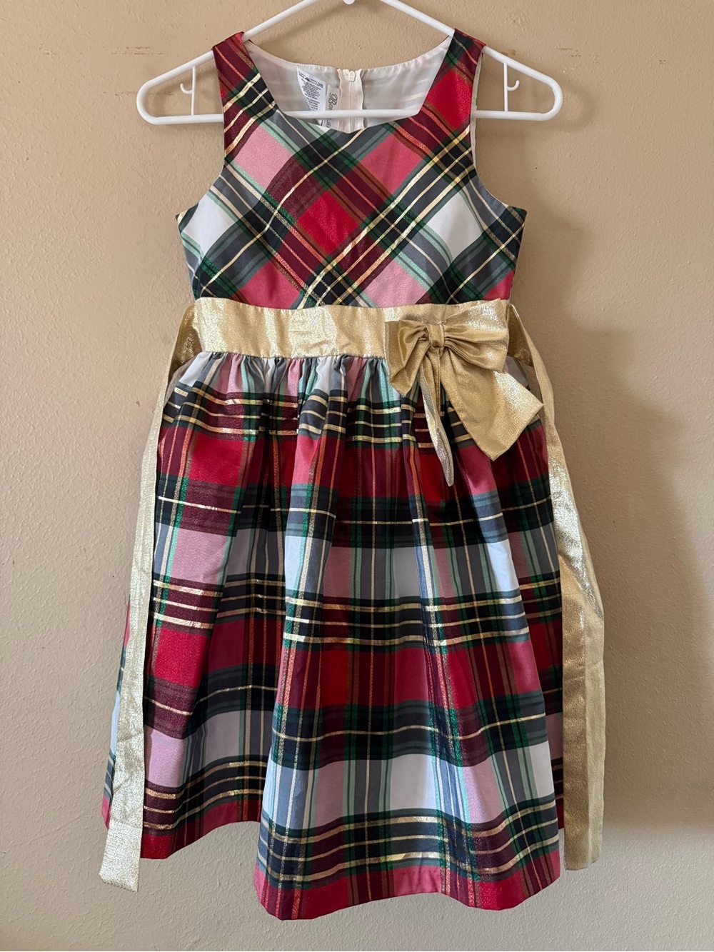 Bonnie Jean Red Green Plaid Dress with Gold Sash